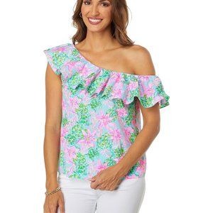 🌸 LILLY PULITZER ZELDIE ONE SHOULDER TOP IN SURF BLUE SO SHELLEGANT - Large